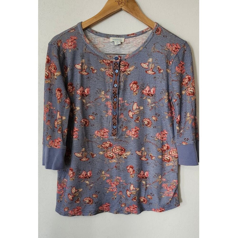 Sundance Cordelia‎ Henley Thermal Top Small Floral Embroidered Boho 3/4 Sleeve